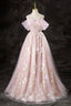Lovely A Line Off the Shoulder Sequins Prom Dress, Pink Tulle Corset Floor Length Prom Dresses