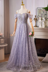Lovely A-Line Tulle Sequins Floor Length Prom Dresses, Off The Shoulder Evening Party Dresses