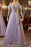 Lovely A-Line Tulle Sequins Floor Length Prom Dresses, Off The Shoulder Evening Party Dresses