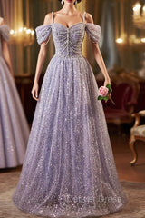 Lovely A-Line Tulle Sequins Floor Length Prom Dresses, Off The Shoulder Evening Party Dresses