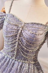 Lovely A-Line Tulle Sequins Knee Length Prom Dresses, Off The Shoulder Evening Party Dresses