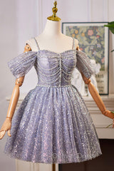 Lovely A-Line Tulle Sequins Knee Length Prom Dresses, Off The Shoulder Evening Party Dresses