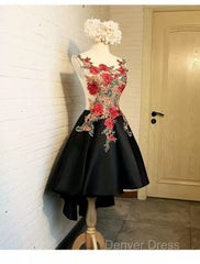 Lovely Black High Low Homecoming Dresses With Floral Lace, Party Dresses