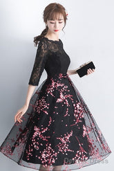 Lovely Black Lace Short Sleeves Floral Tulle Party Dress, Black Party Dress Prom Dress