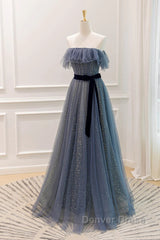 Lovely Blue A-Line Shiny Tulle Sweetheart Party Dresses, Blue Long Formal Dresses Prom Dresses