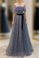 Lovely Blue A-Line Shiny Tulle Sweetheart Party Dresses, Blue Long Formal Dresses Prom Dresses