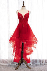 Lovely Blue High Low V-Neckline Straps Party Dresses, New Straps Prom Dresses