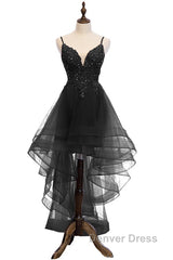 Lovely Blue High Low V-Neckline Straps Party Dresses, New Straps Prom Dresses