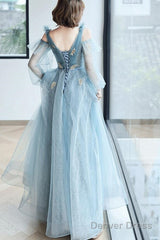Lovely Blue Long Sleeves Tulle Long Wedding Party Dresses, Blue Prom Dresses