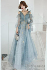 Lovely Blue Long Sleeves Tulle Long Wedding Party Dresses, Blue Prom Dresses