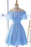 Lovely Blue Short Chiffon Off Shoulder Prom Dress, A Line Prom Dresses