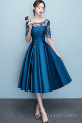 Lovely Blue Short Sleeves Lace And Satin Party Dress, Blue Homecoming Dresses