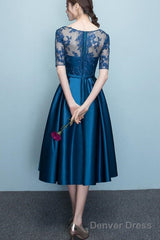 Lovely Blue Short Sleeves Lace And Satin Party Dress, Blue Homecoming Dresses