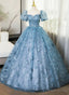 Lovely Blue Short Sleeves Long Prom Dress With Butterfly Lace, Blue Prom Dresses