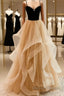 Lovely Champagne A-Line Beaded Strap Party Dresses, Tulle Layers Long Prom Dresses