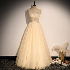 Lovely Champagne Sequins Long Party Dress, A-line Tulle Formal Dress