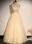 Lovely Champagne Sequins Long Prom Dress, A Line Tulle Prom Dresses