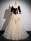 Lovely Champagne Tulle and Wine Red Velvet Top Prom Dress, Long Prom Dresses