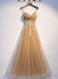 Lovely Champagne Tulle with Lace Long Prom Dress, Champagne Prom Dresses
