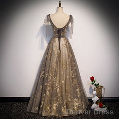 Lovely Champagne V-Neckline Tulle Long Prom Dress Party Dress, Formal Gown