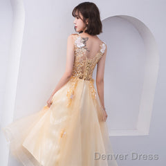 Lovely Champapgne Tulle Tea Length Party Dress With Butterfly, Cute Short Homecoming Dress