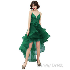 Lovely Dark Green High Low Chic Party Dresses Prom Dresses, V-Neckline Straps Homecoming Dresses