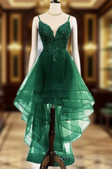 Lovely Dark Green High Low Chic Party Dresses Prom Dresses, V-Neckline Straps Homecoming Dresses
