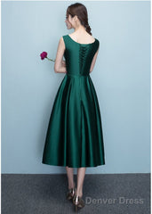 Lovely Dark Green Tea Length Simple Satin Bridesmaid Dress Prom Dress