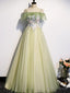 Lovely Flowers Off Shoulder Tulle Long Prom Dress, A Line Tulle Light Green Prom Dresses