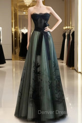 Lovely Green And Black Sweetheart Long Evening Dresses, A-Line Prom Dresses Party Dresses