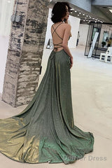 Lovely Green Backless Long Shiny Prom Dress Party Dress, Green Evening Dresses