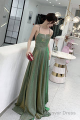 Lovely Green Backless Long Shiny Prom Dress Party Dress, Green Evening Dresses