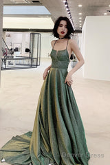 Lovely Green Backless Long Shiny Prom Dress Party Dress, Green Evening Dresses