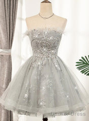 Lovely Grey Tulle With Shiny Lace Short Party Dress Homecoming Dress, Cute Prom Dress