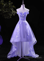 Lovely High Low Tulle Lace Applique Party Dress, Off Shoulder Homecoming Dresses