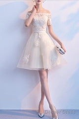Lovely Ivory Organza Short Sleeves Party Dress, Cute Party Dress, Lovely Short Prom Dress