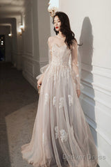 Lovely Lace Long A-Line Formal Dress, Long Sleeve Evening Dress