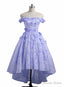 Lovely Lavender High Low Lace Prom Dress, Cute Off Shoulder Prom Dresses