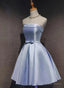 Lovely Light Blue Satin Knee Length Homecoming Dress, Blue Short Prom Dresses