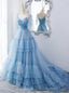 Lovely Light Blue Tulle with Straps Layers Long Prom Dress, Blue Prom Gowns Prom Dresses