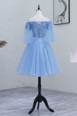 Lovely Light Blue With Lace Off Shoulder Short Prom Dresses, Blue Homecoming Dresses
