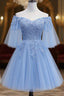 Lovely Light Blue With Lace Off Shoulder Short Prom Dress, Blue Homecoming Dresses