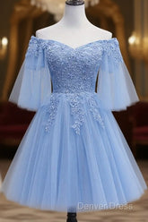 Lovely Light Blue With Lace Off Shoulder Short Prom Dresses, Blue Homecoming Dresses