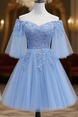 Lovely Light Blue With Lace Off Shoulder Short Prom Dresses, Blue Homecoming Dresses