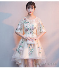 Lovely Light Champagne Tulle With Lace Applique Short Sleeves Party Dresses, High Low Homecoming Dresses