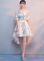 Lovely Light Champagne Tulle With Lace Applique Short Sleeves Prom Dress, High Low Homecoming Dresses