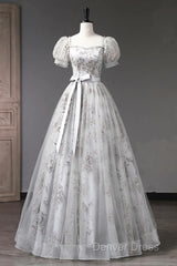 Lovely Light Grey Tulle Sequins Long Prom Dresses, A-Line Grey Evening Party Dresses