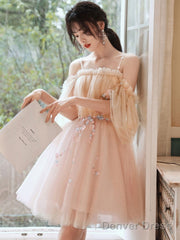 Lovely Light Pink And Champagne Short Prom Dress With Lace Applique. Short Homecoming Dresses