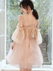 Lovely Light Pink And Champagne Short Prom Dress With Lace Applique. Short Homecoming Dresses