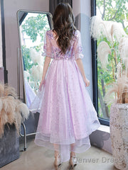 Lovely Light Purple High Low Tulle With Lace Party Dress, Short Sleeves Homecoming Dresses